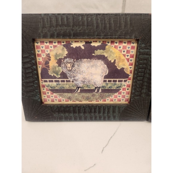 Lot Of 2 Vintage Primitive Country Farmhouse Wood Framed Prints Sheep Horse Doll - Picture 2 of 11